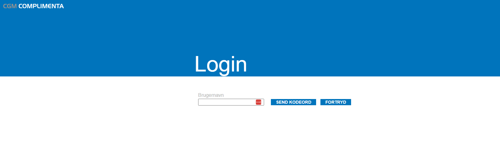 CGM ComplimentaWork login-skærm med brugernavn-felt og Send Kodeord-knap