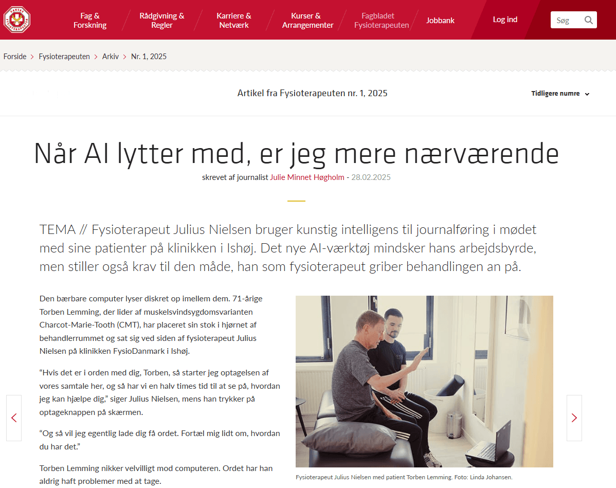 Fysioterapeut Julius Nielsen Fysiodanmark Ishøj bruger Voicare AI til journalisering